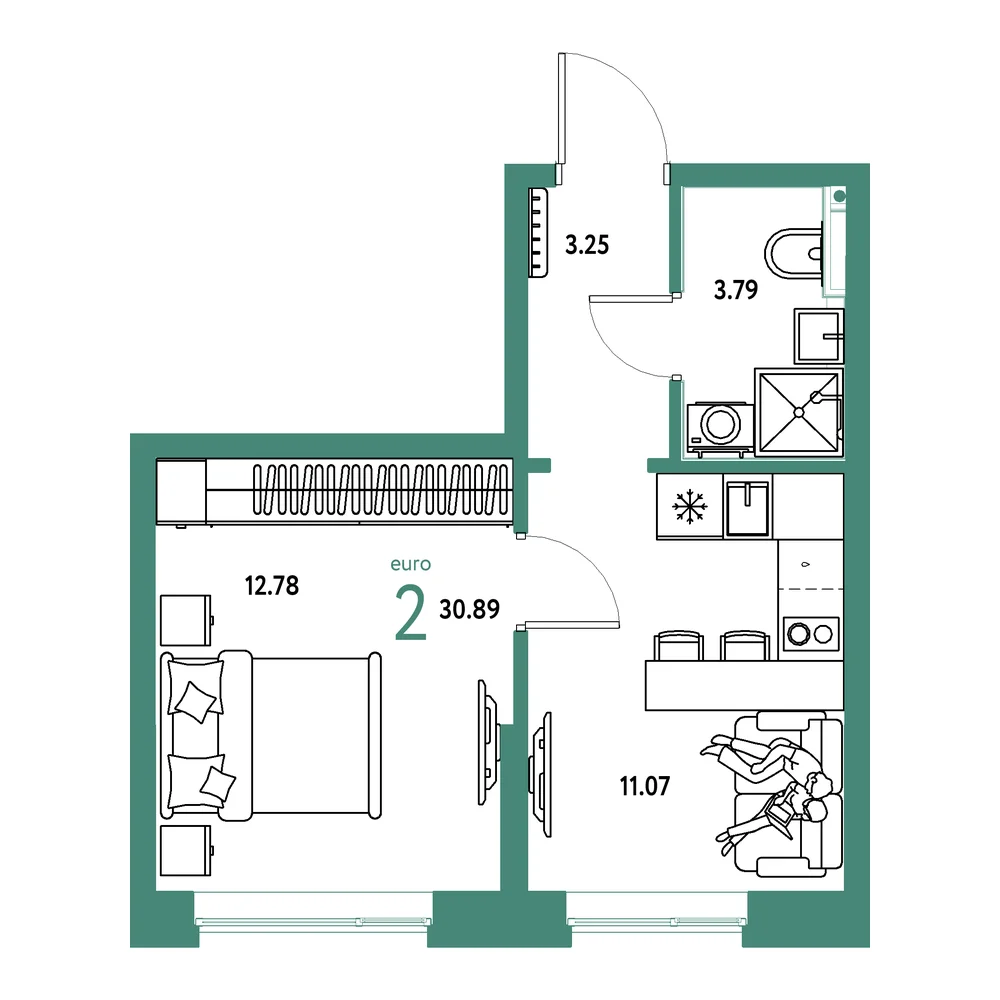 Планировка: Остров-сад 2-комнатная 30,89м²
