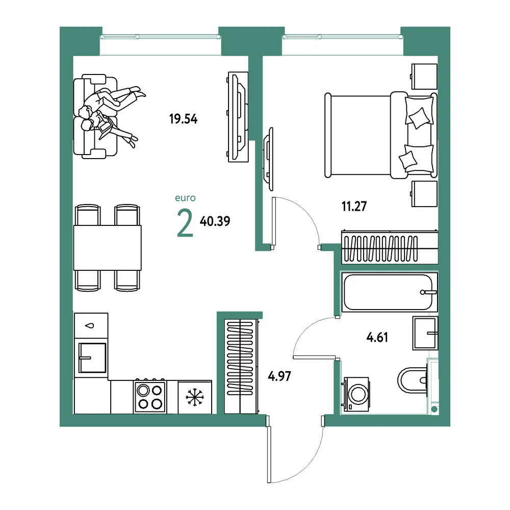 Планировка: Остров-сад 2-комнатная 40,39м²