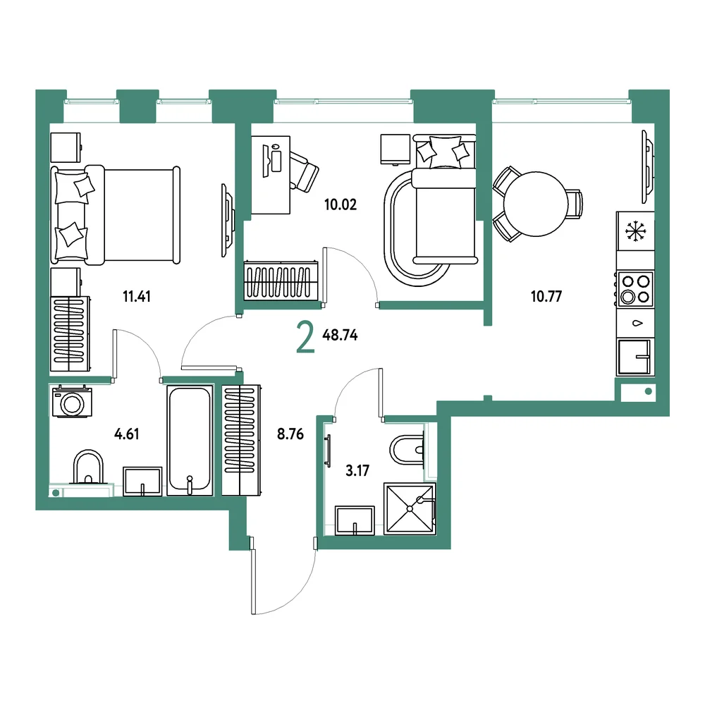 Планировка: Остров-сад 2-комнатная 48,74м²