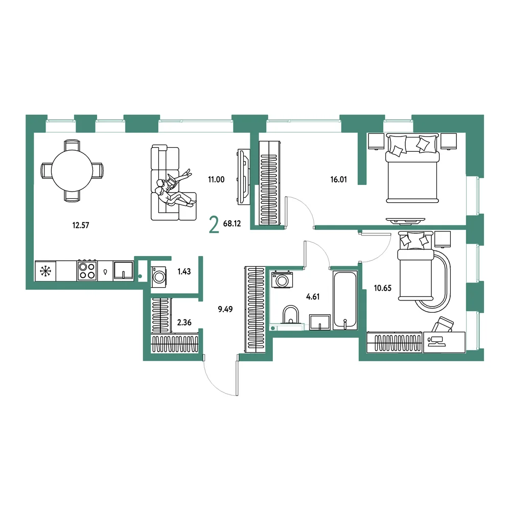 Планировка: Остров-сад 2-комнатная 68,12м²