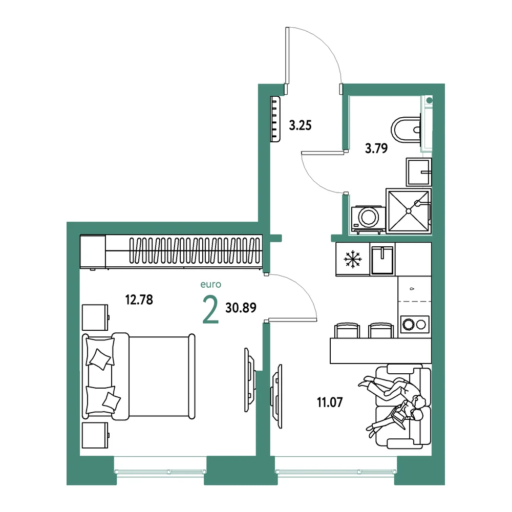Планировка: Остров-сад 2-комнатная 30,89м²
