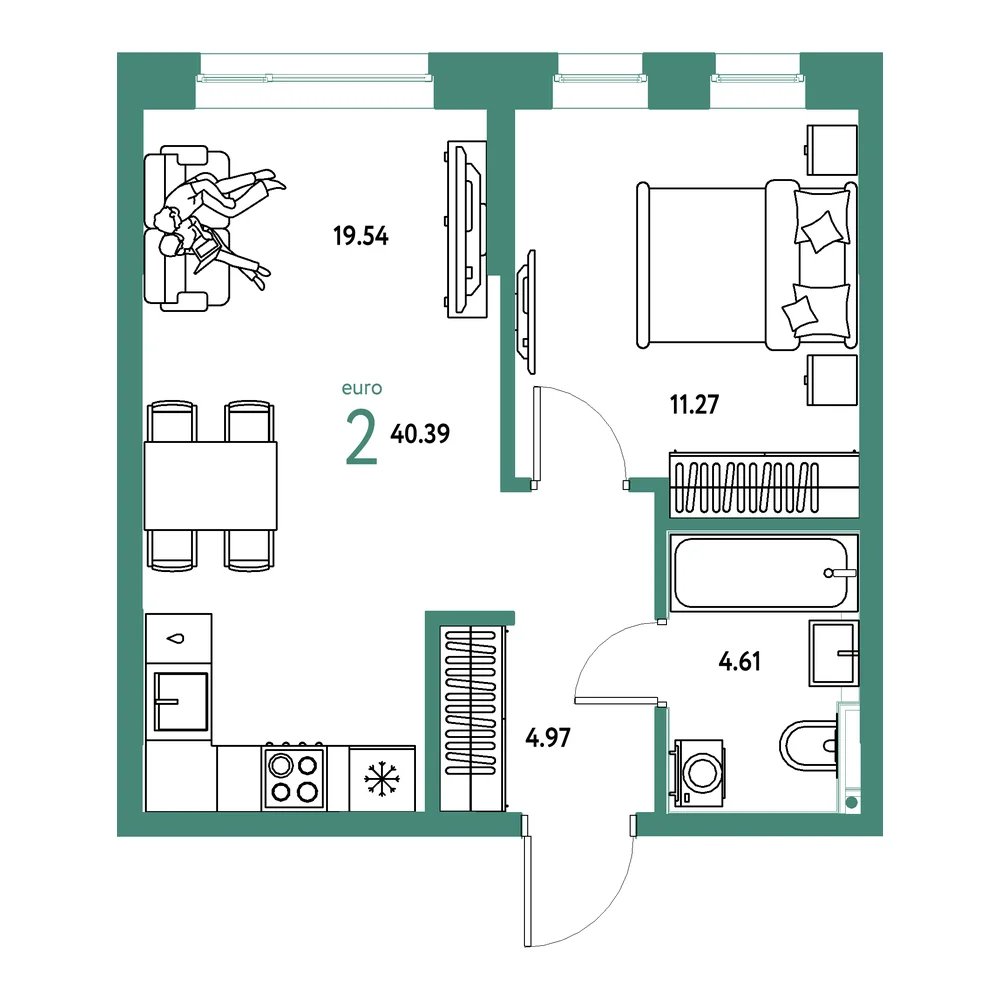 Планировка: Остров-сад 2-комнатная 40,39м²