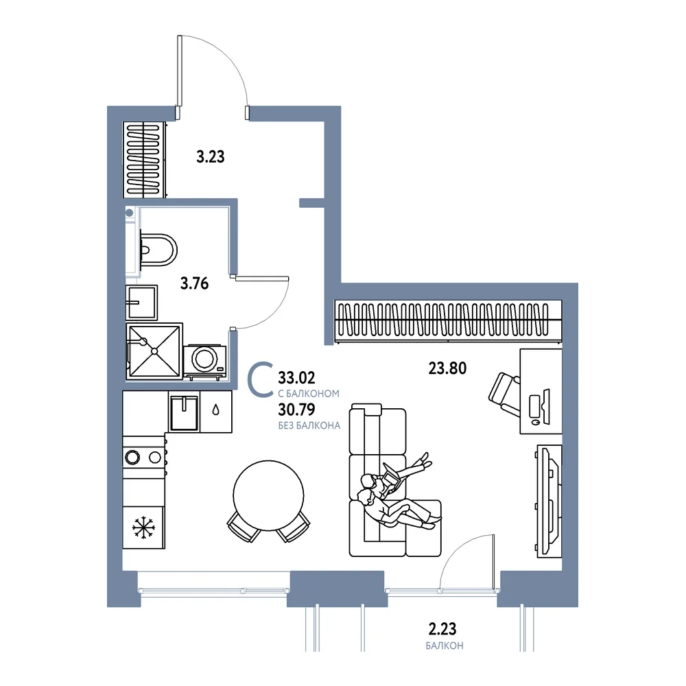 Планировка: Остров-сад Студия 33,02м²