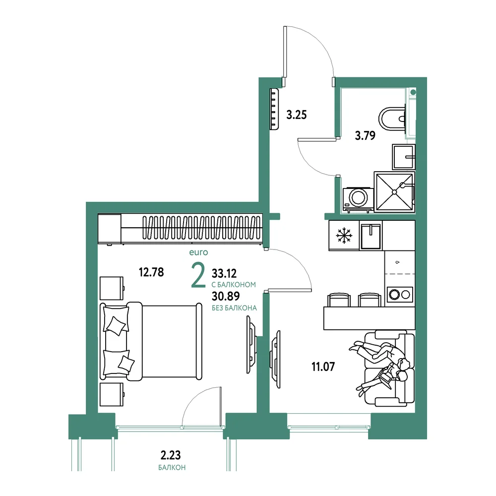 Планировка: Остров-сад 2-комнатная 33,12м²