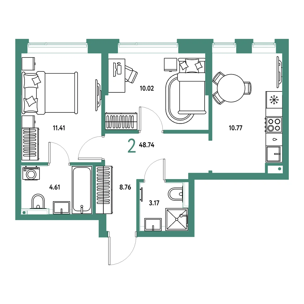Планировка: Остров-сад 2-комнатная 48,74м²
