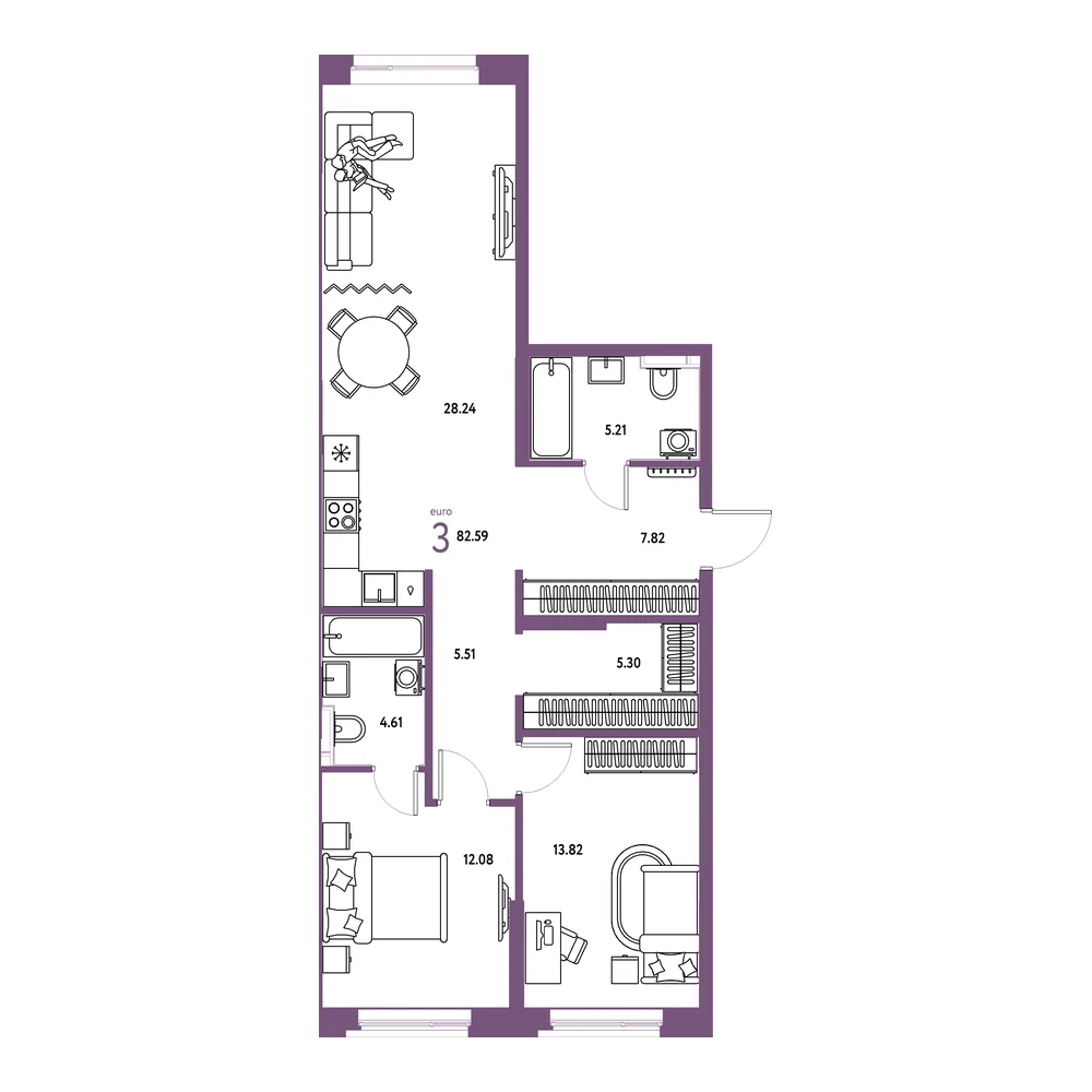 Планировка: Остров-сад 3-комнатная 82,59м²