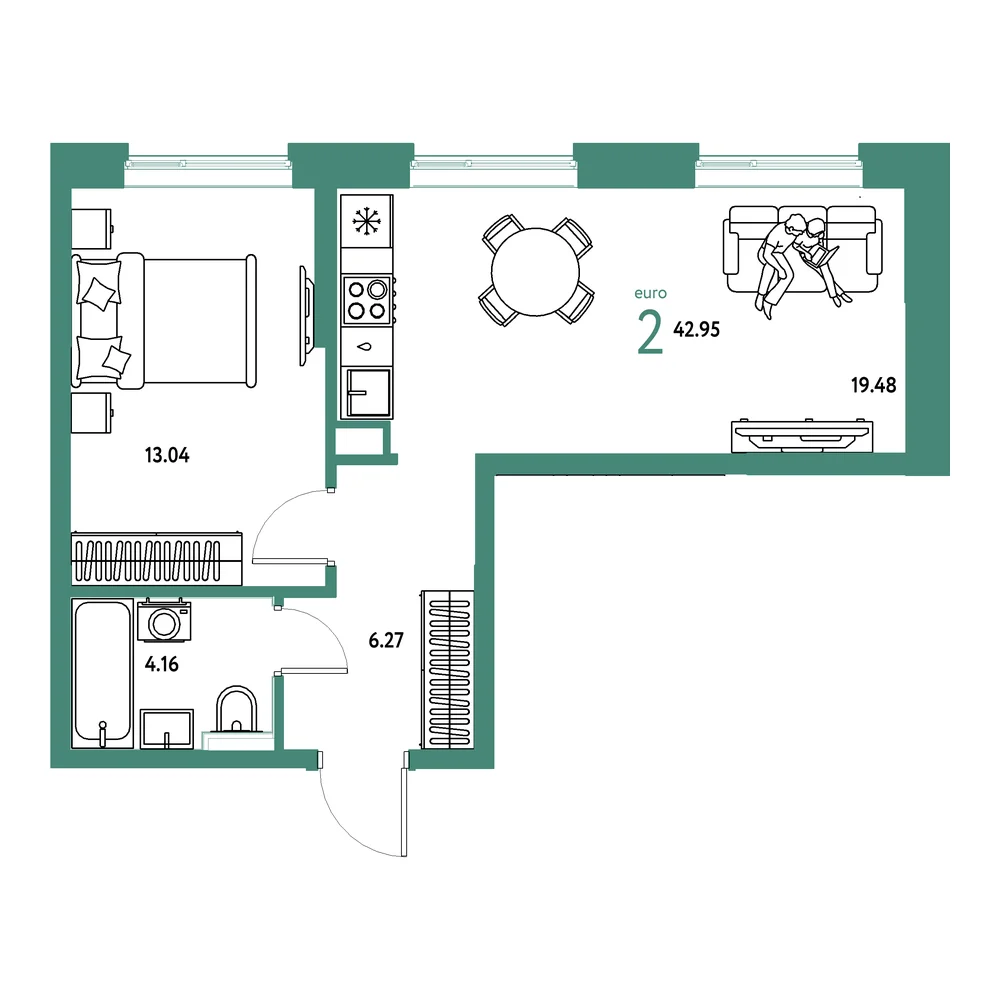 Планировка: Остров-сад 2-комнатная 42,95м²