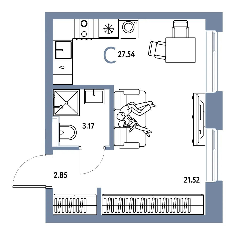Планировка: Остров-сад Студия 27,54м²