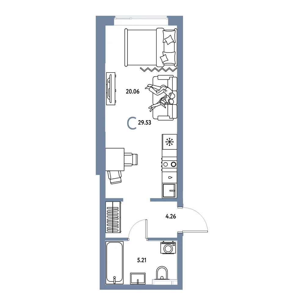 Планировка: Остров-сад Студия 29,53м²