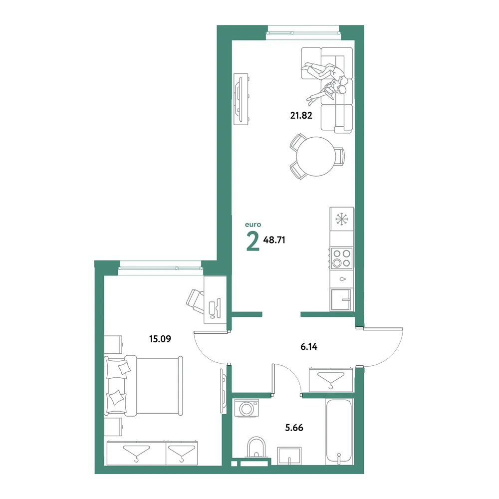 Планировка: Остров-сад 2-комнатная 48,71м²