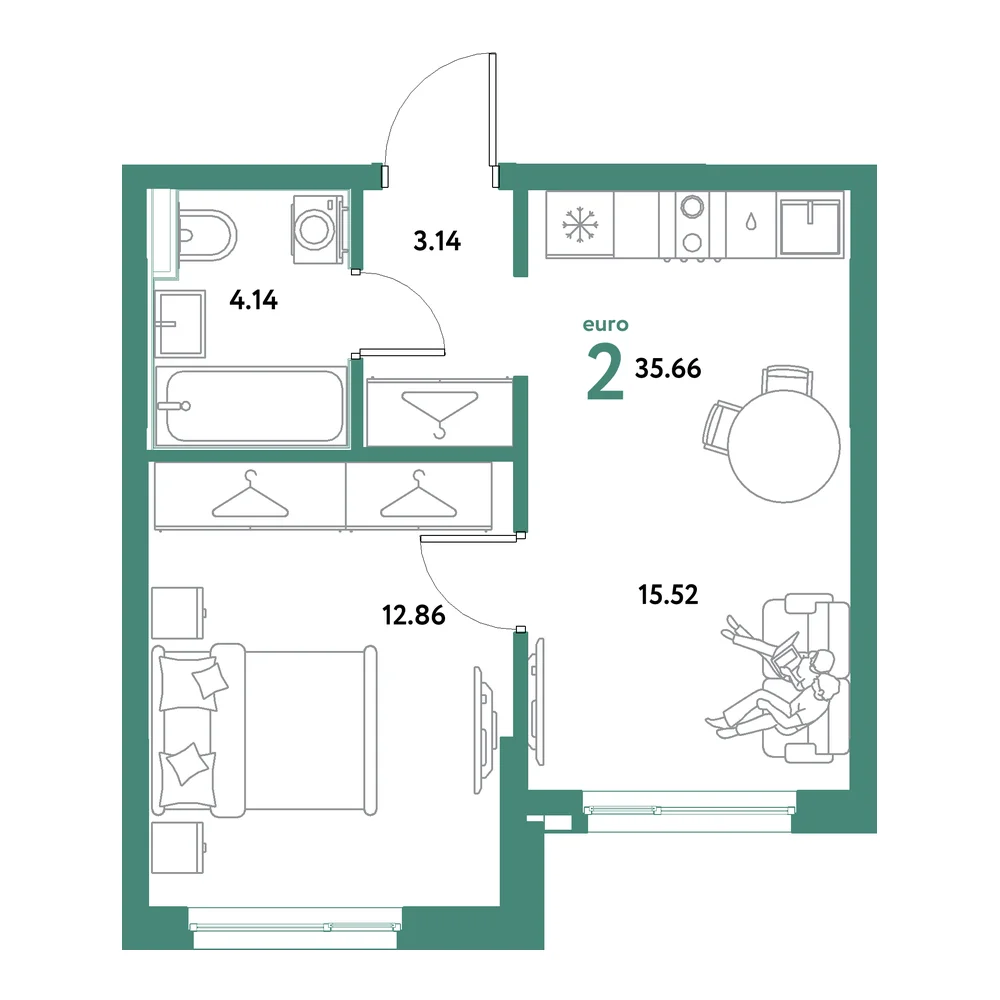 Планировка: Остров-сад 2-комнатная 35,66м²