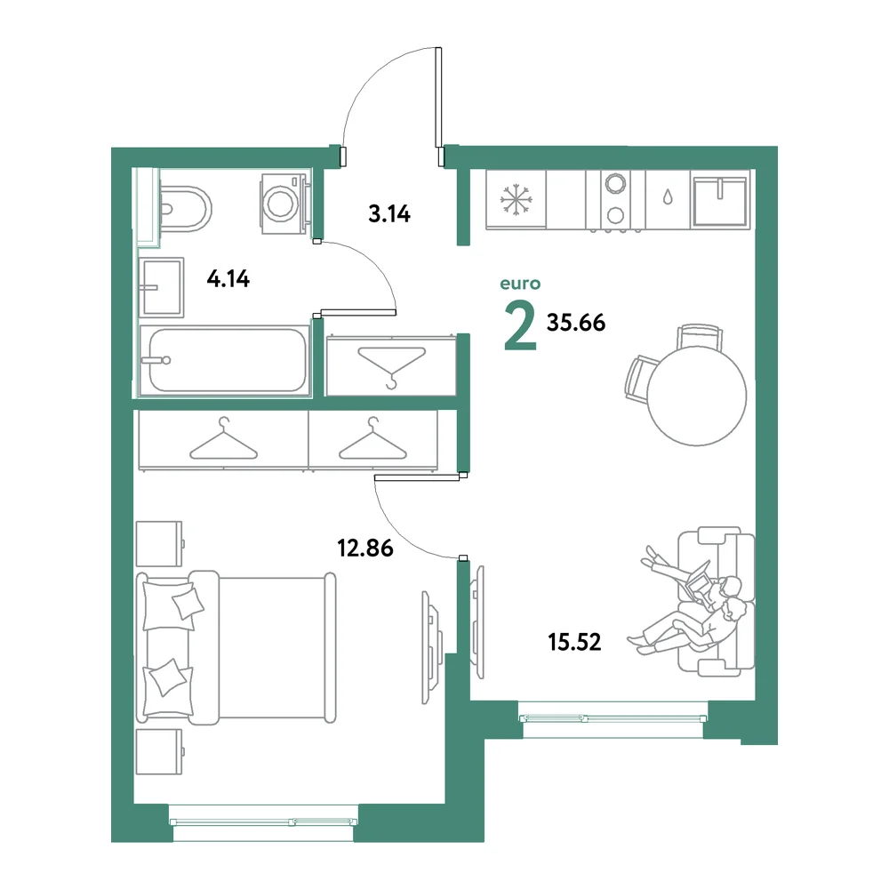 Планировка: Остров-сад 2-комнатная 35,66м²