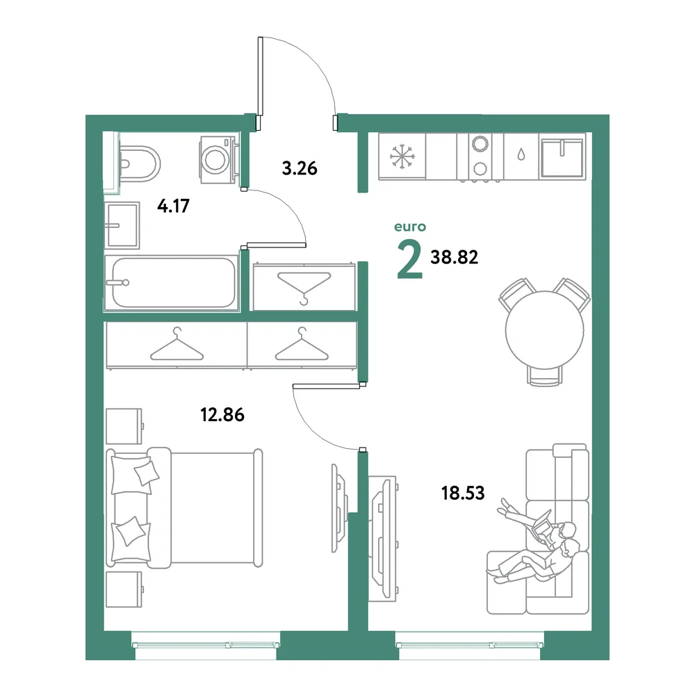 Планировка: Остров-сад 2-комнатная 38,82м²