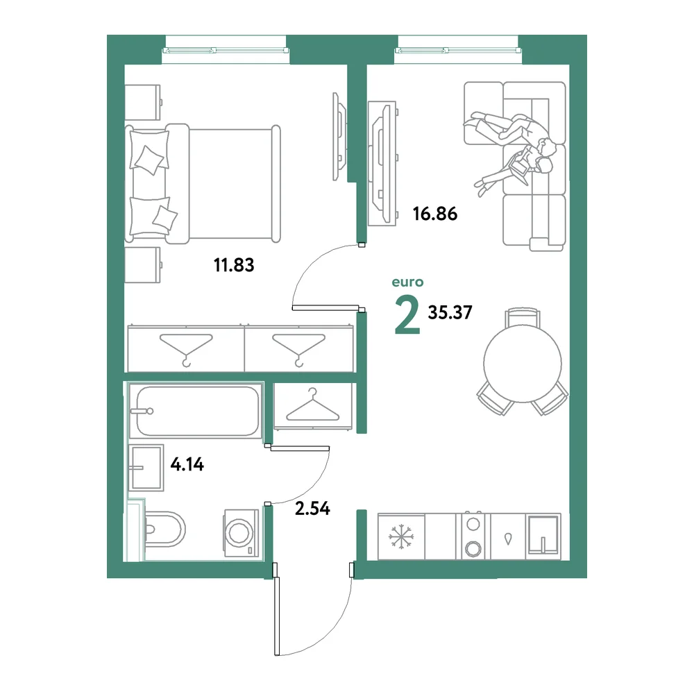 Планировка: Остров-сад 2-комнатная 35,37м²