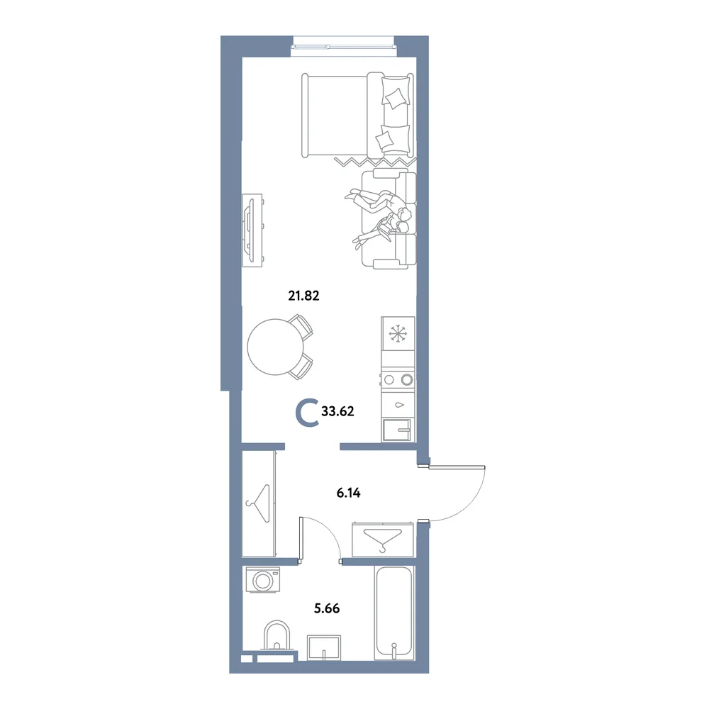 Планировка: Остров-сад Студия 33,62м²