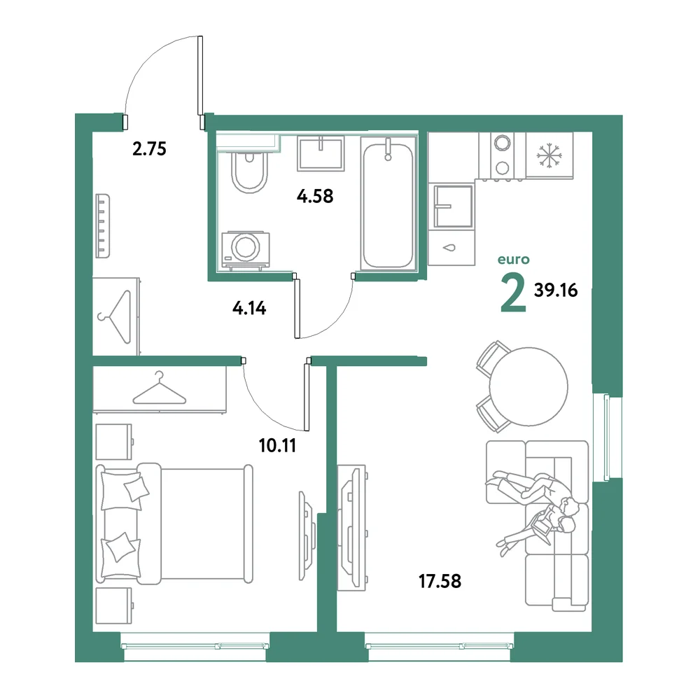 Планировка: Остров-сад 2-комнатная 39,16м²