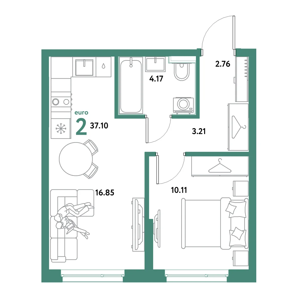 Планировка: Остров-сад 2-комнатная 37,10м²