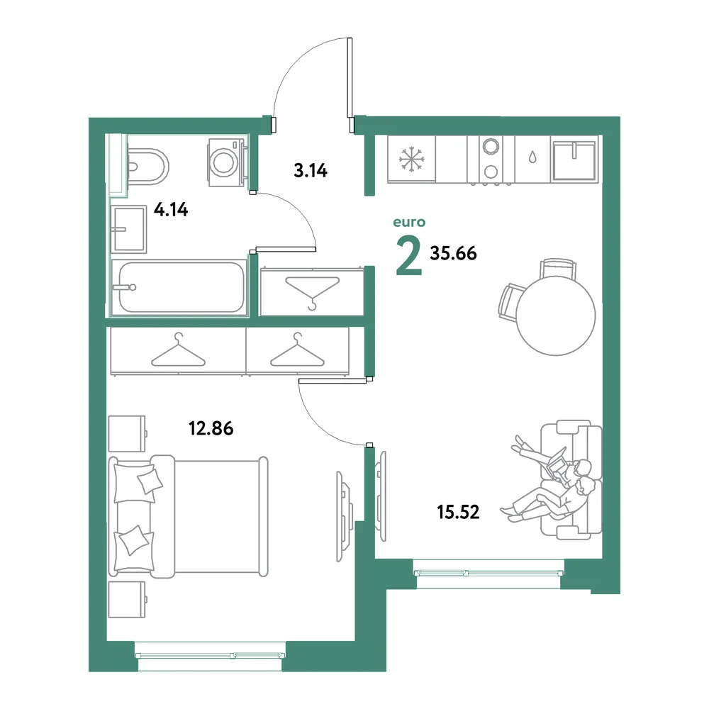 Планировка: Остров-сад 2-комнатная 35,66м²