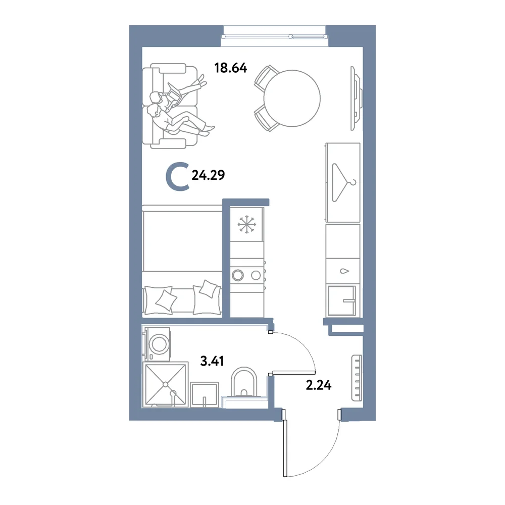 Планировка: Остров-сад Студия 24,29м²