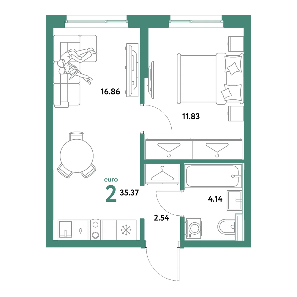Планировка: Остров-сад 2-комнатная 35,37м²