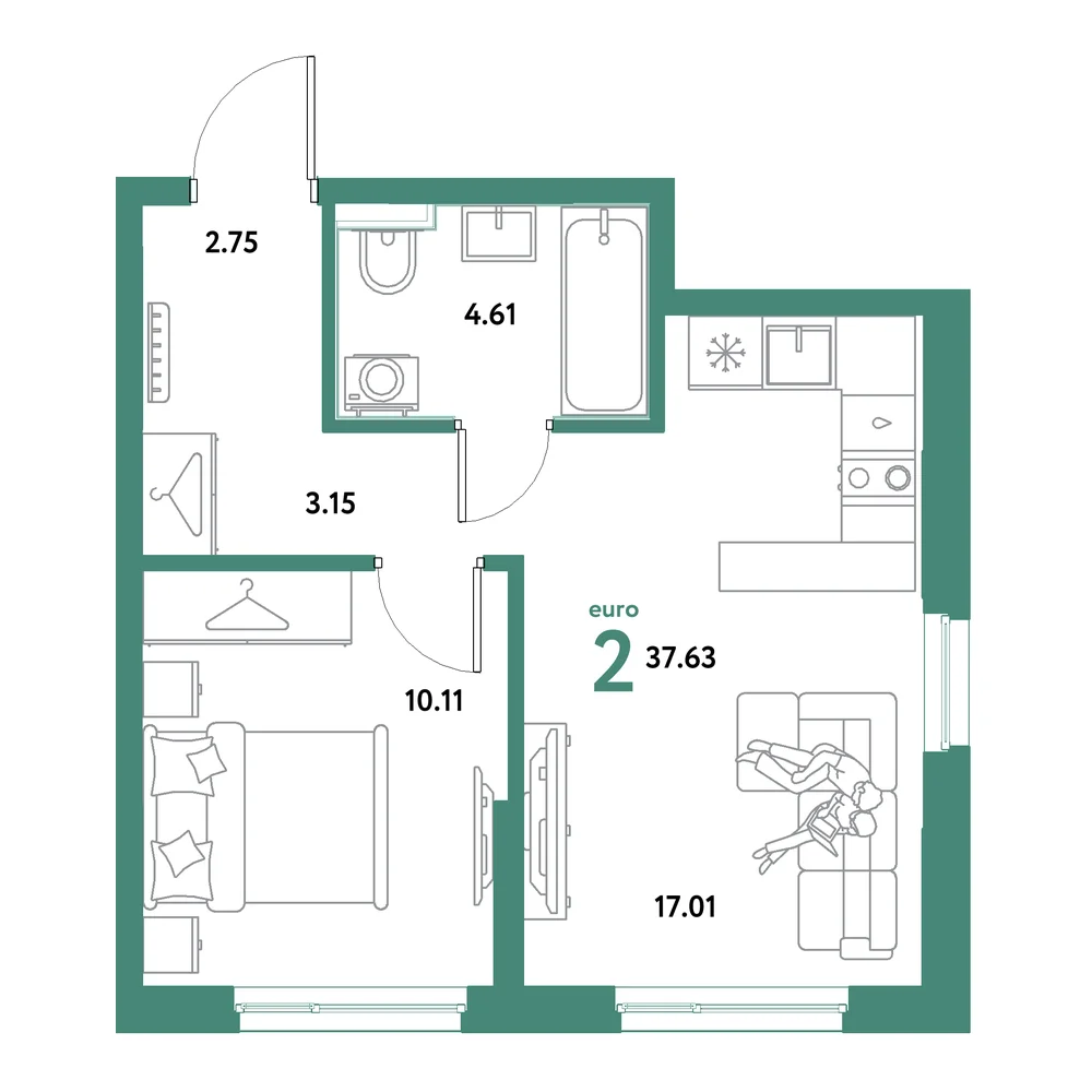 Планировка: Остров-сад 2-комнатная 37,63м²