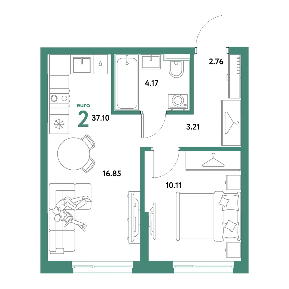 Планировка: Остров-сад 2-комнатная 37,10м²