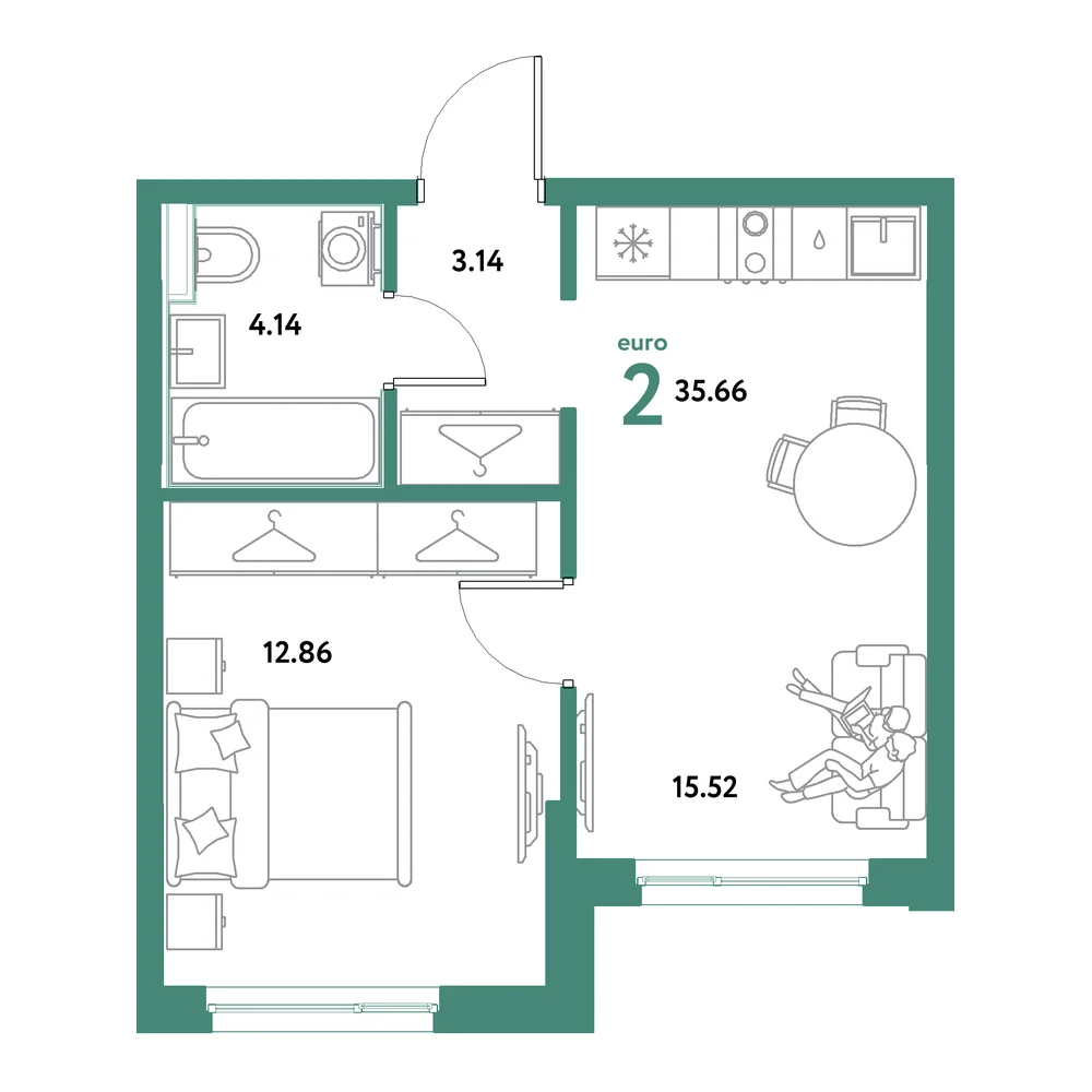 Планировка: Остров-сад 2-комнатная 35,66м²