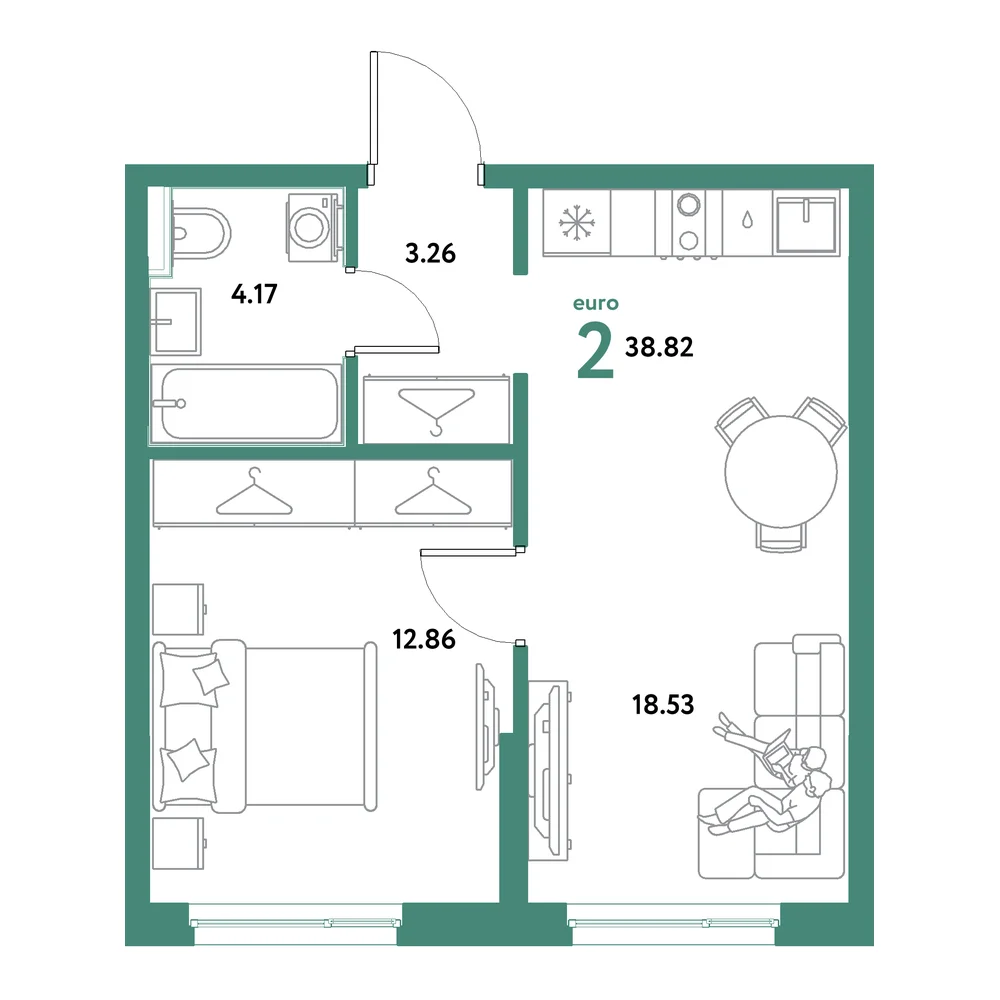 Планировка: Остров-сад 2-комнатная 38,82м²