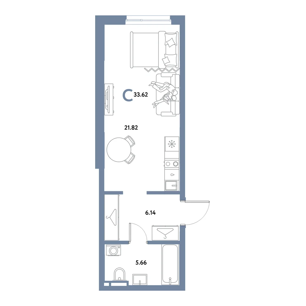 Планировка: Остров-сад Студия 33,62м²