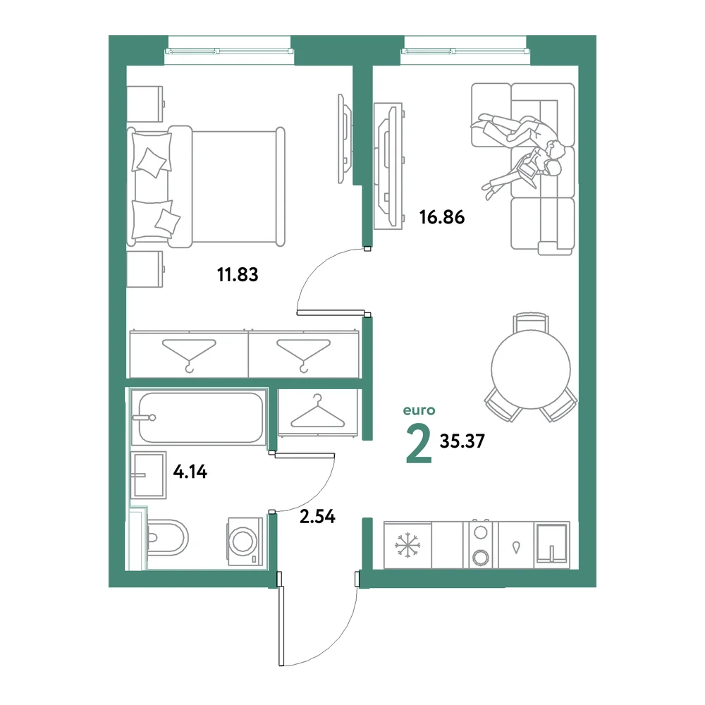 Планировка: Остров-сад 2-комнатная 35,37м²
