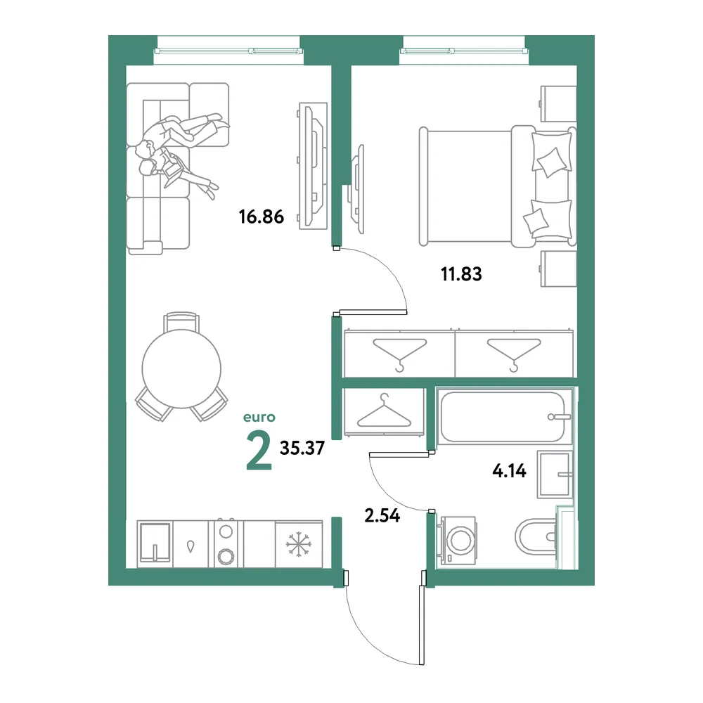 Планировка: Остров-сад 2-комнатная 35,37м²