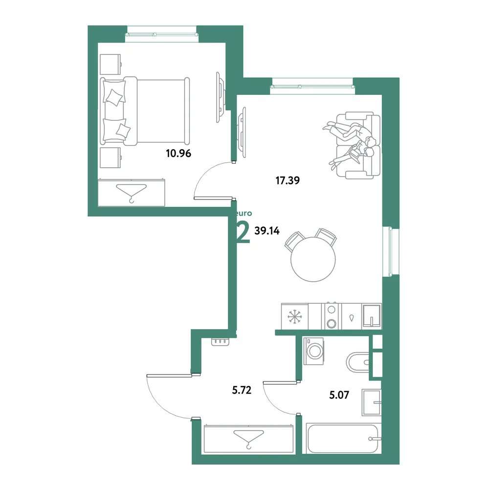 Планировка: Остров-сад 2-комнатная 39,14м²