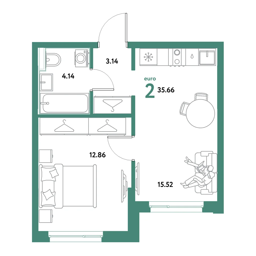 Планировка: Остров-сад 2-комнатная 35,66м²