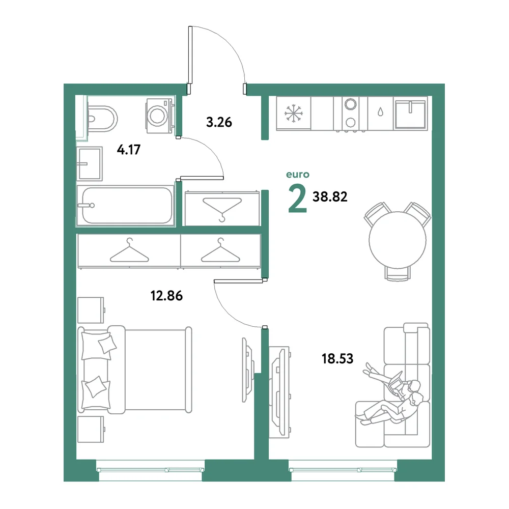 Планировка: Остров-сад 2-комнатная 38,82м²