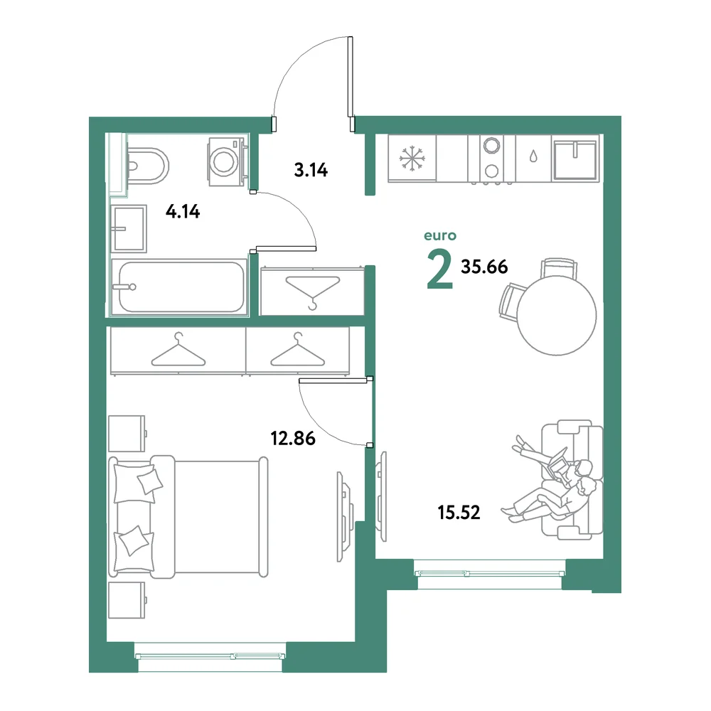 Планировка: Остров-сад 2-комнатная 35,66м²
