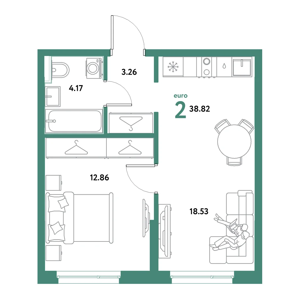Планировка: Остров-сад 2-комнатная 38,82м²