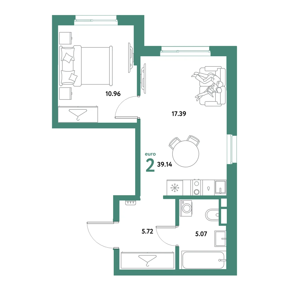 Планировка: Остров-сад 2-комнатная 39,14м²