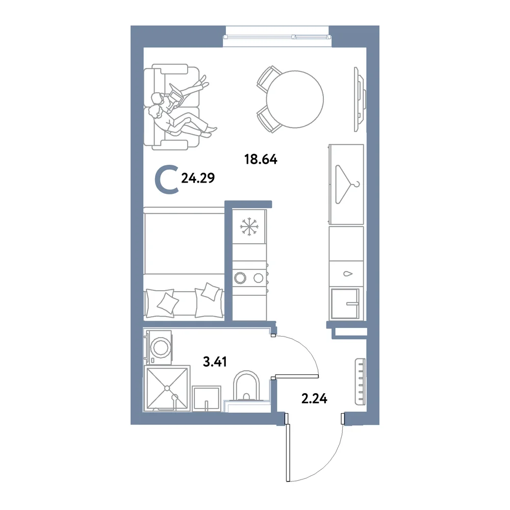 Планировка: Остров-сад Студия 24,29м²