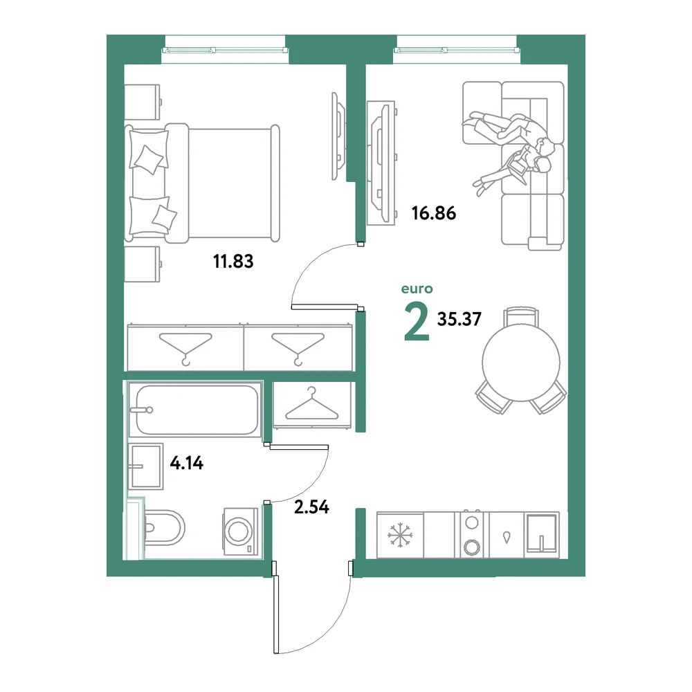 Планировка: Остров-сад 2-комнатная 35,37м²