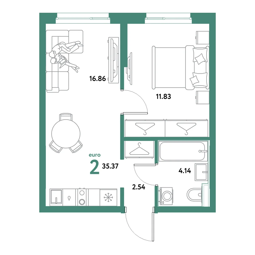 Планировка: Остров-сад 2-комнатная 35,37м²