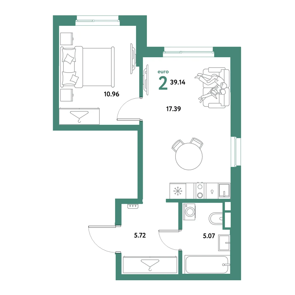 Планировка: Остров-сад 2-комнатная 39,14м²