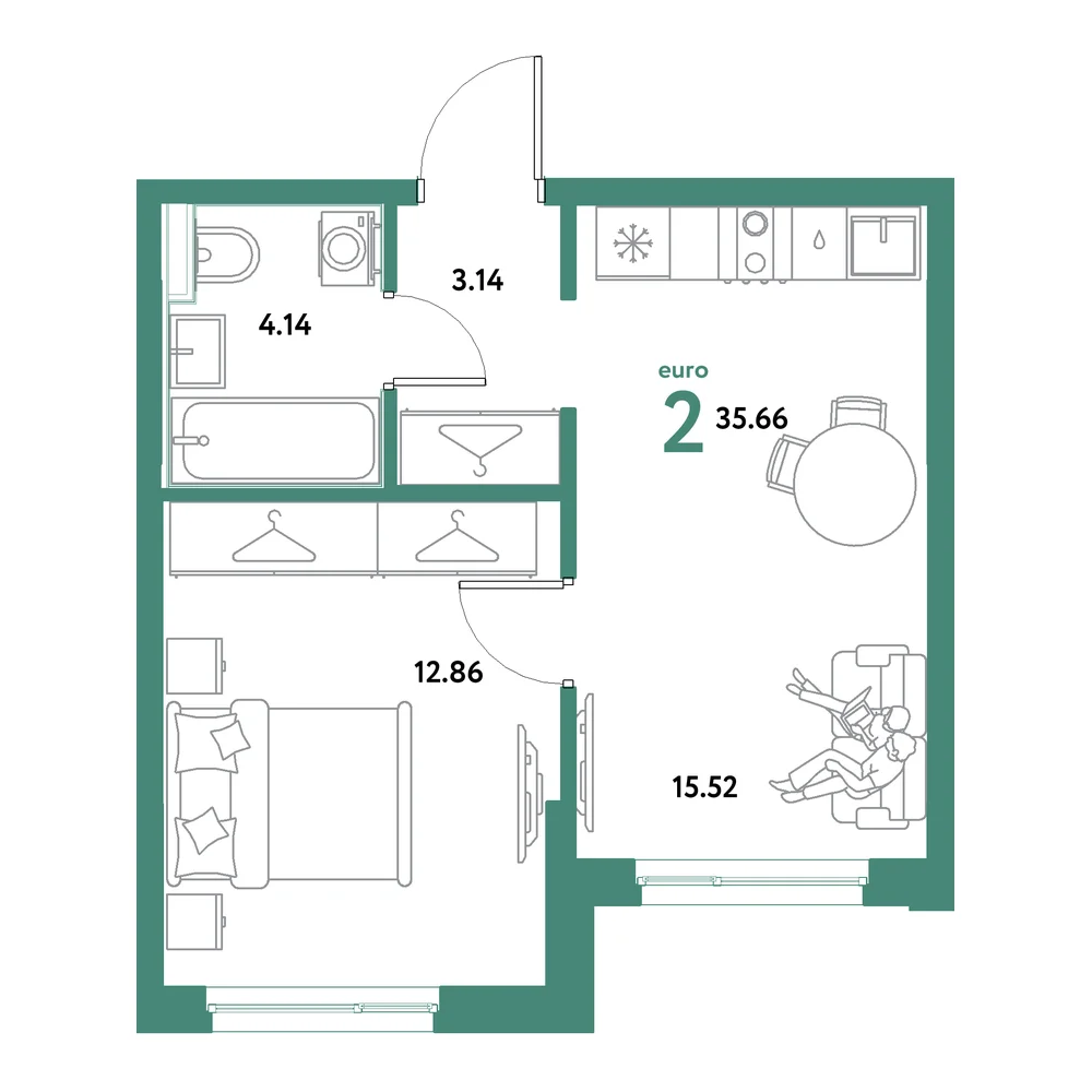 Планировка: Остров-сад 2-комнатная 35,66м²