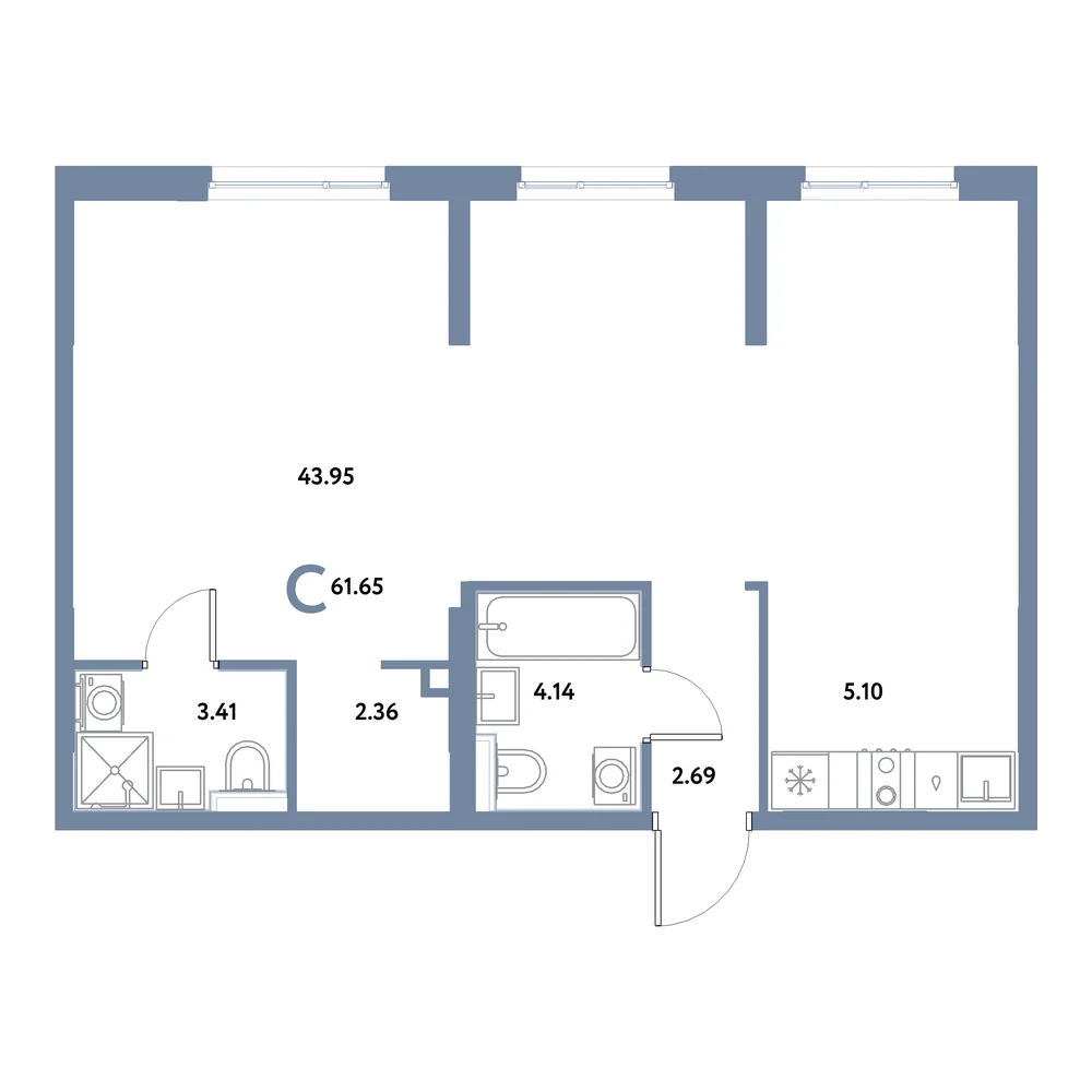 Планировка: Остров-сад Студия 61,65м²
