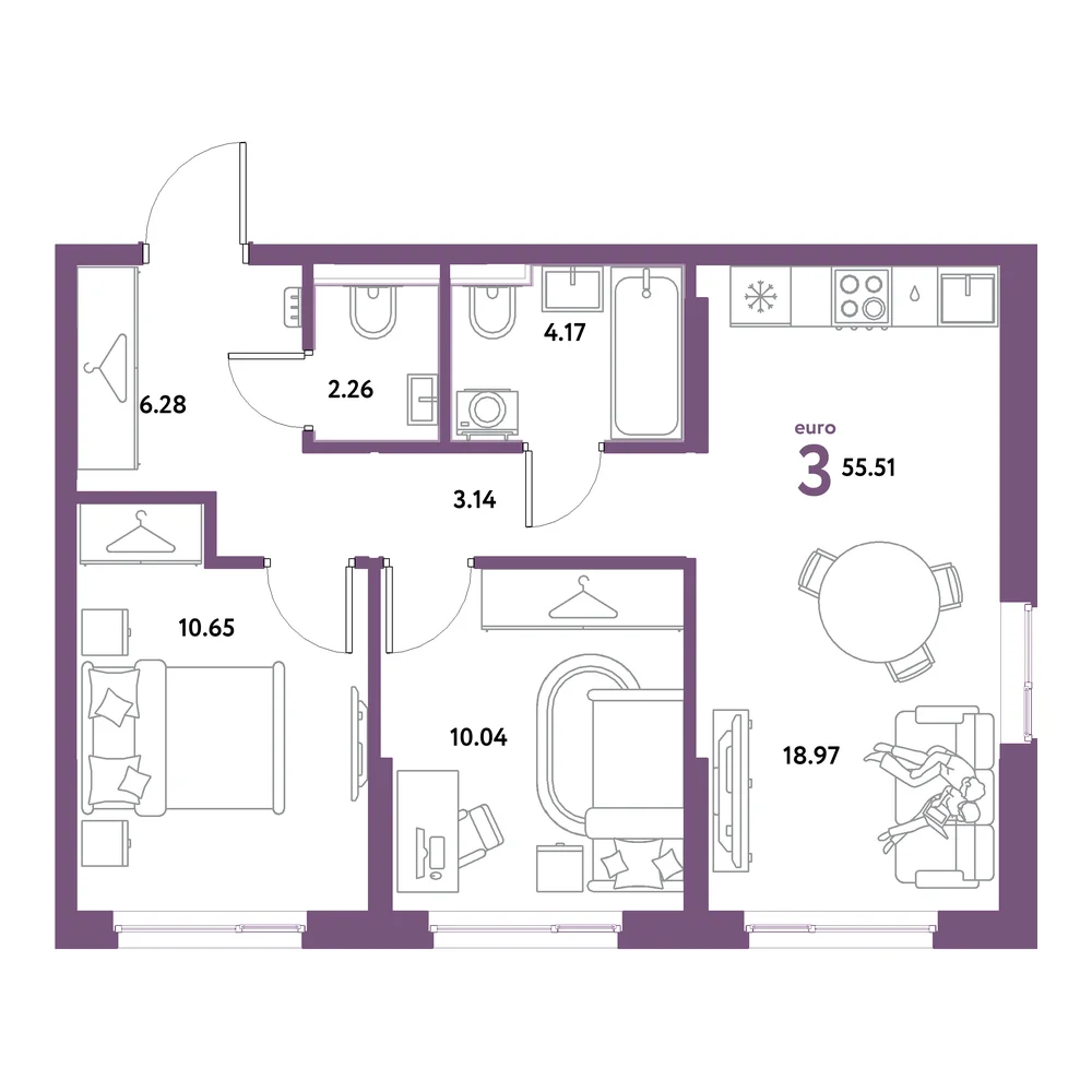Планировка: Остров-сад 3-комнатная 55,51м²