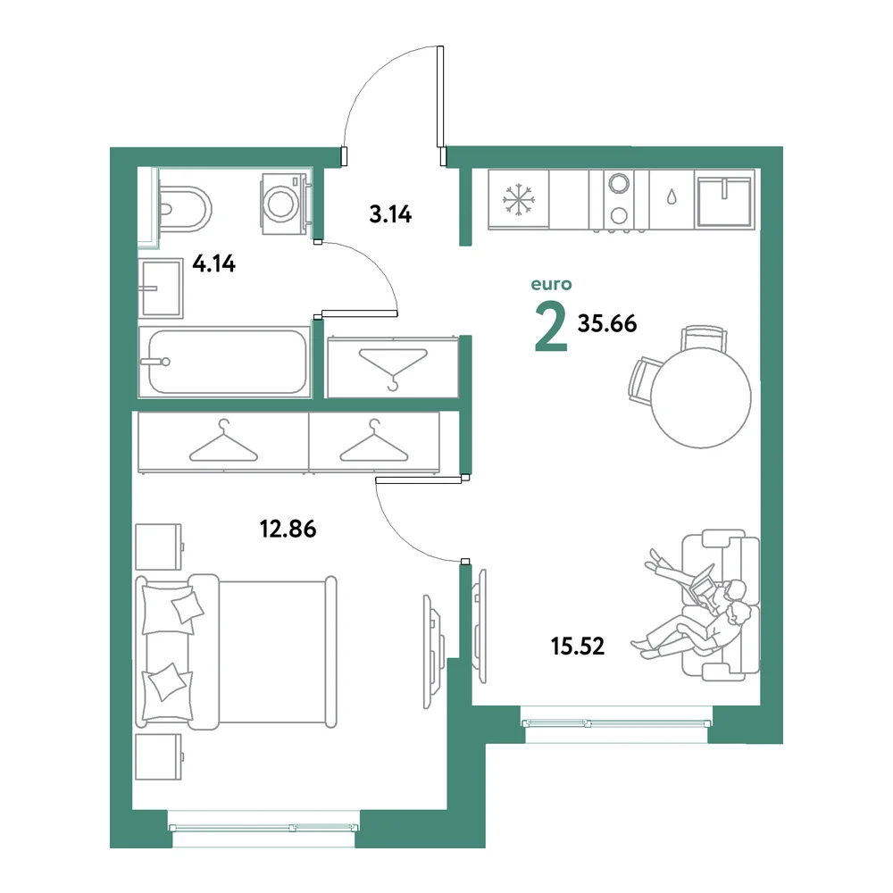 Планировка: Остров-сад 2-комнатная 35,66м²