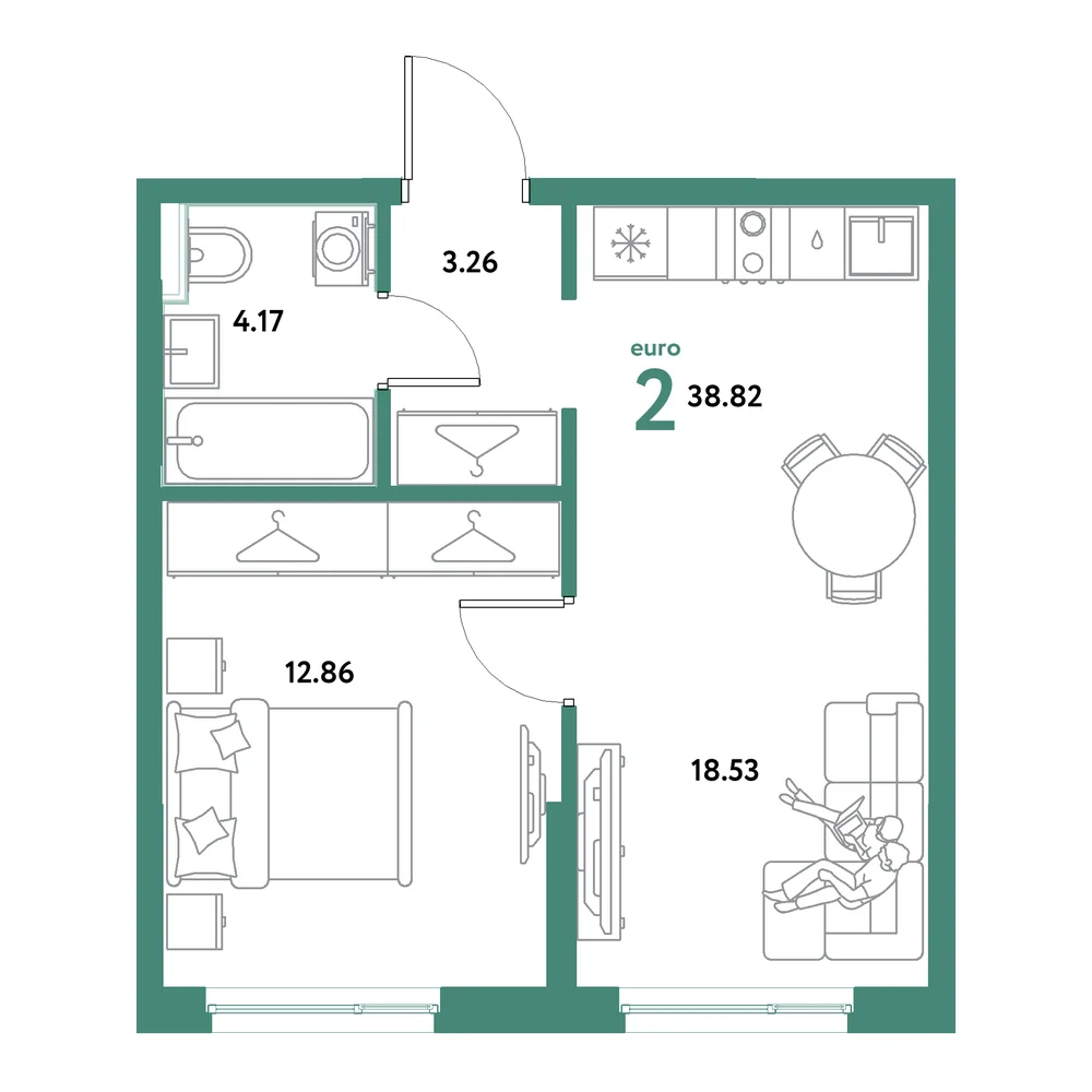 Планировка: Остров-сад 2-комнатная 38,82м²