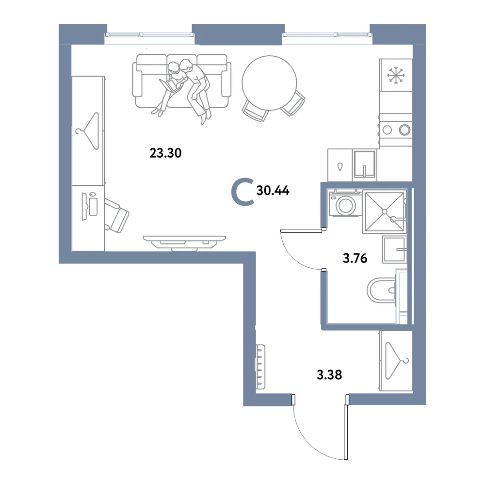 Планировка: Остров-сад Студия 30,44м²