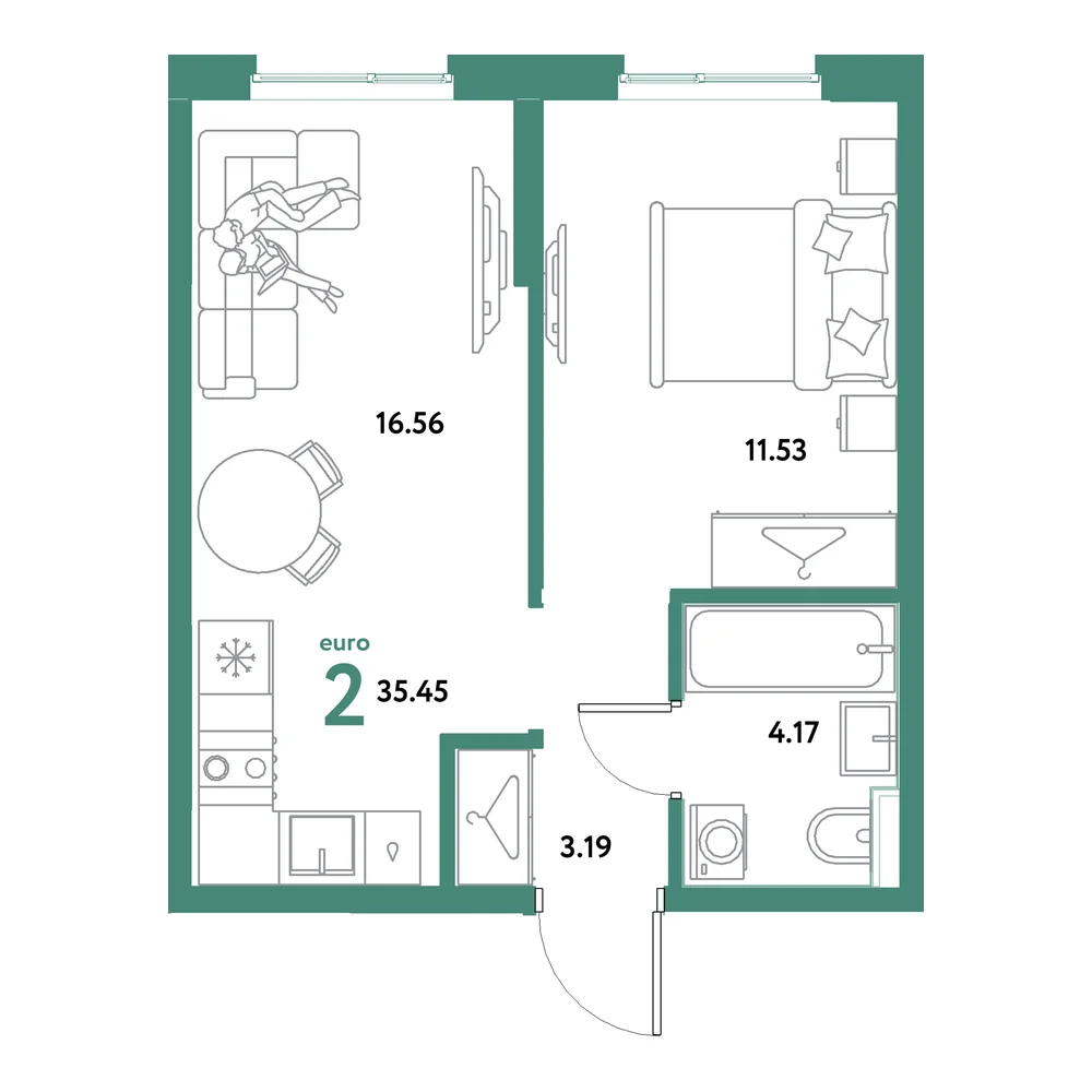 Планировка: Остров-сад 2-комнатная 35,45м²
