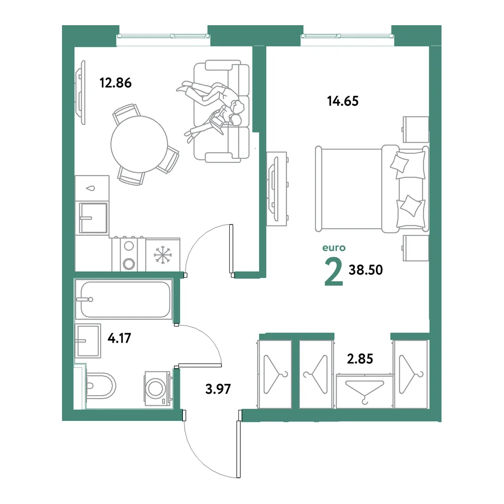 Планировка: Остров-сад 2-комнатная 38,50м²