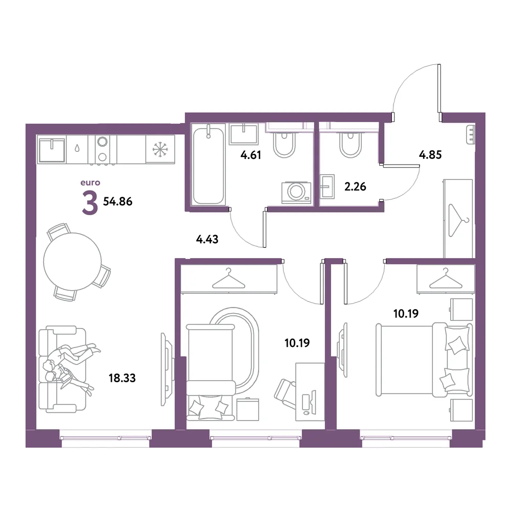 Планировка: Остров-сад 3-комнатная 54,86м²